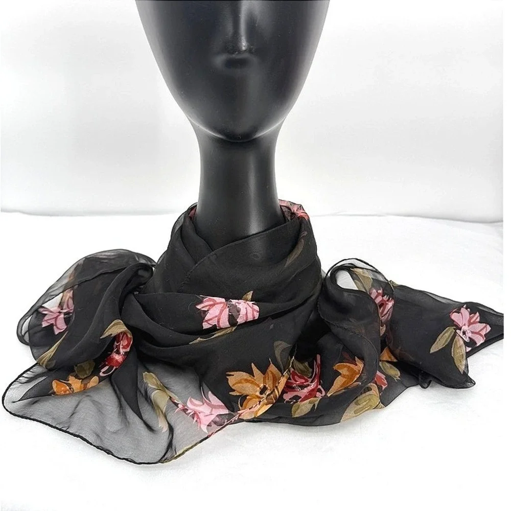 Elaine Neck Fashion Scarf Gold Collection XIIX LTD Black Floral Sheer Beaded VTG